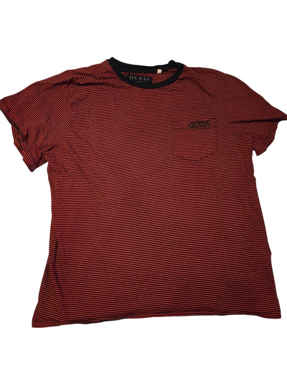GUESS Los Angeles Men's L Red Black Horizontal Striped Pocket T-Shirt